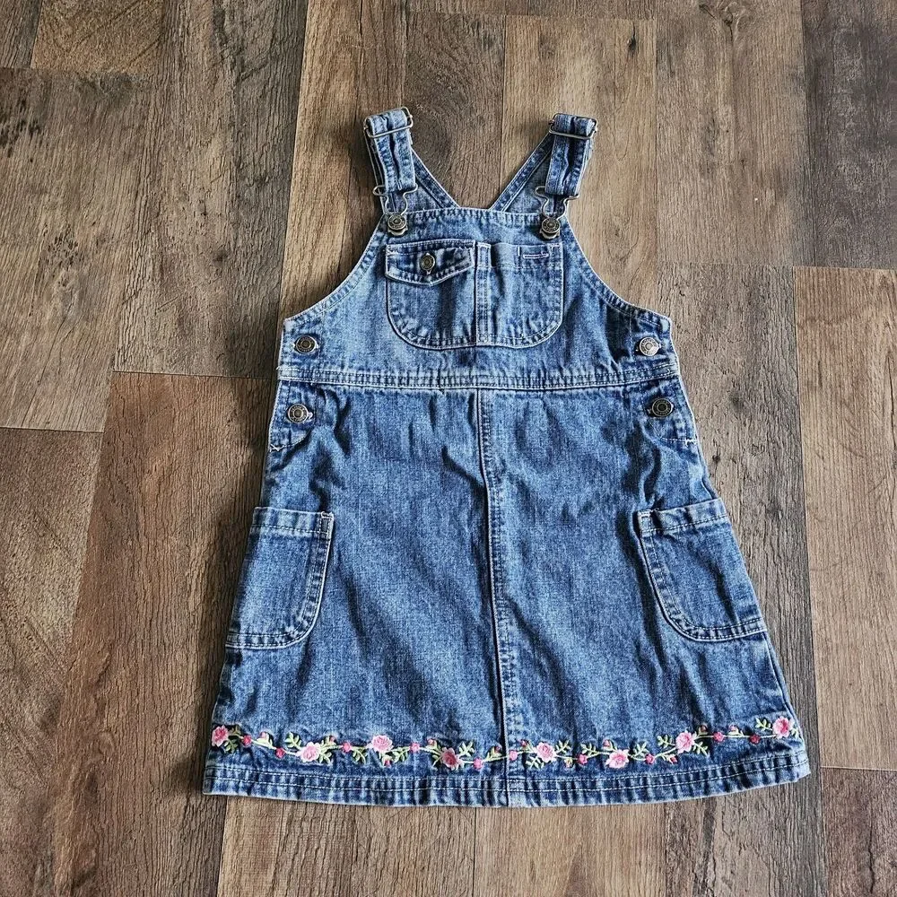 Vintage Y2K Carters Floral Embroidered Denim Overall Pinafore Dress Toddler 3T